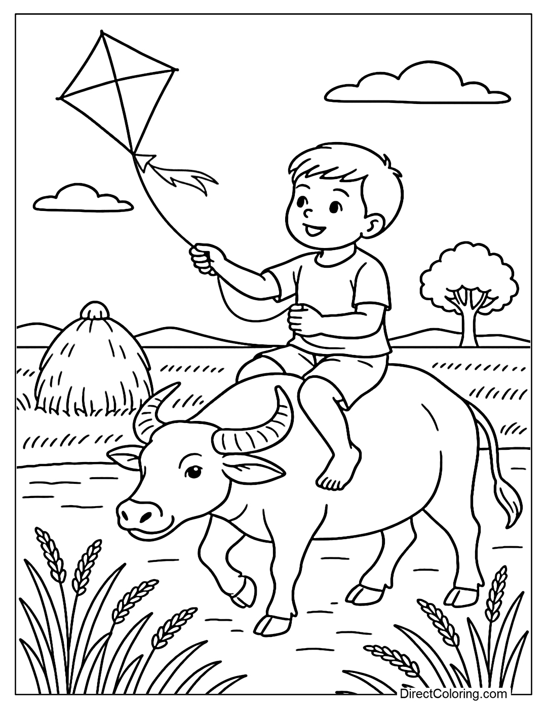 Coloring Page of a boy sitting on a buffalo flying a kite in the countryside, with straw and rice fields